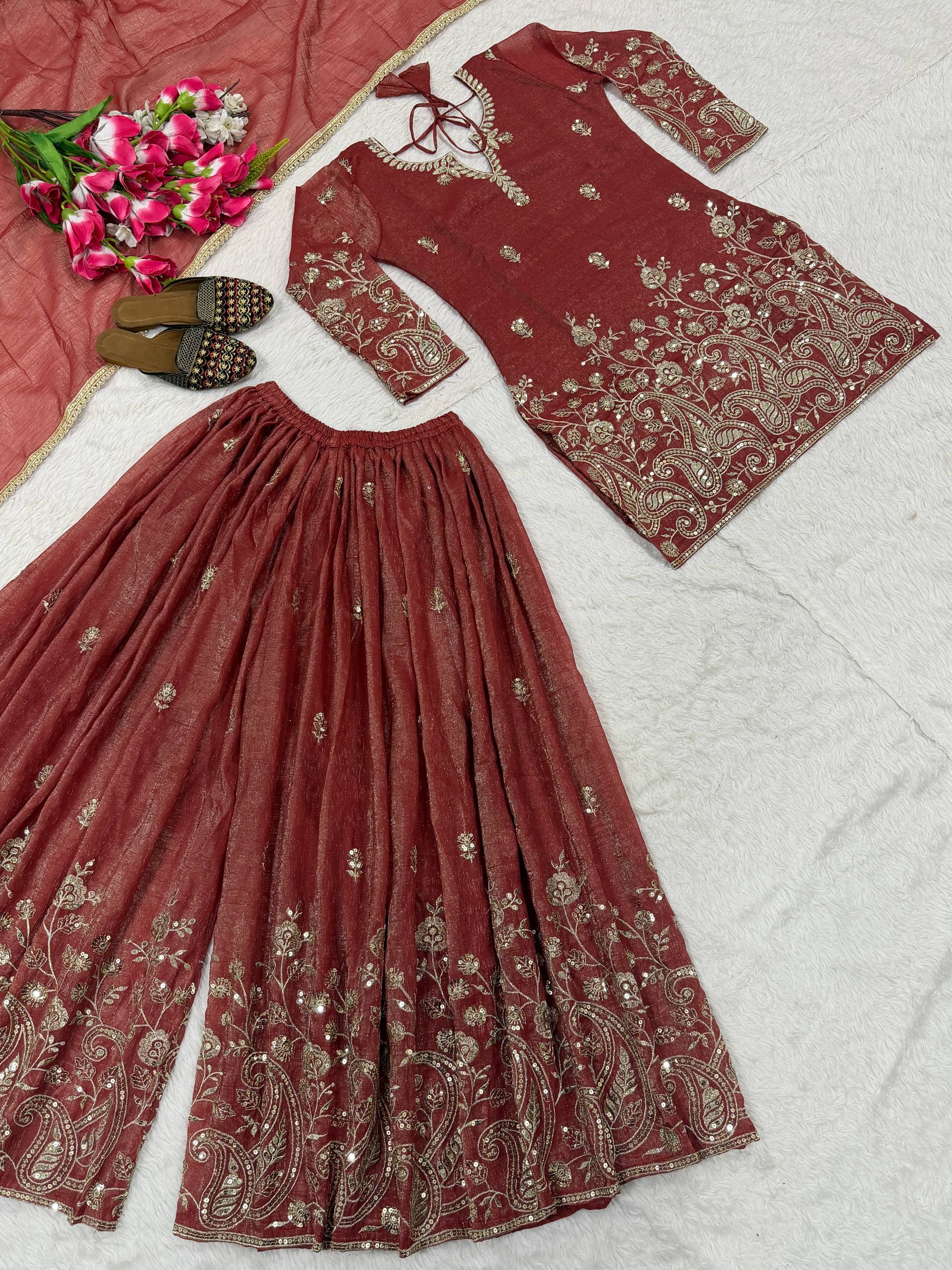 Urban Copper-Red Embroidered Flared Ensemble
